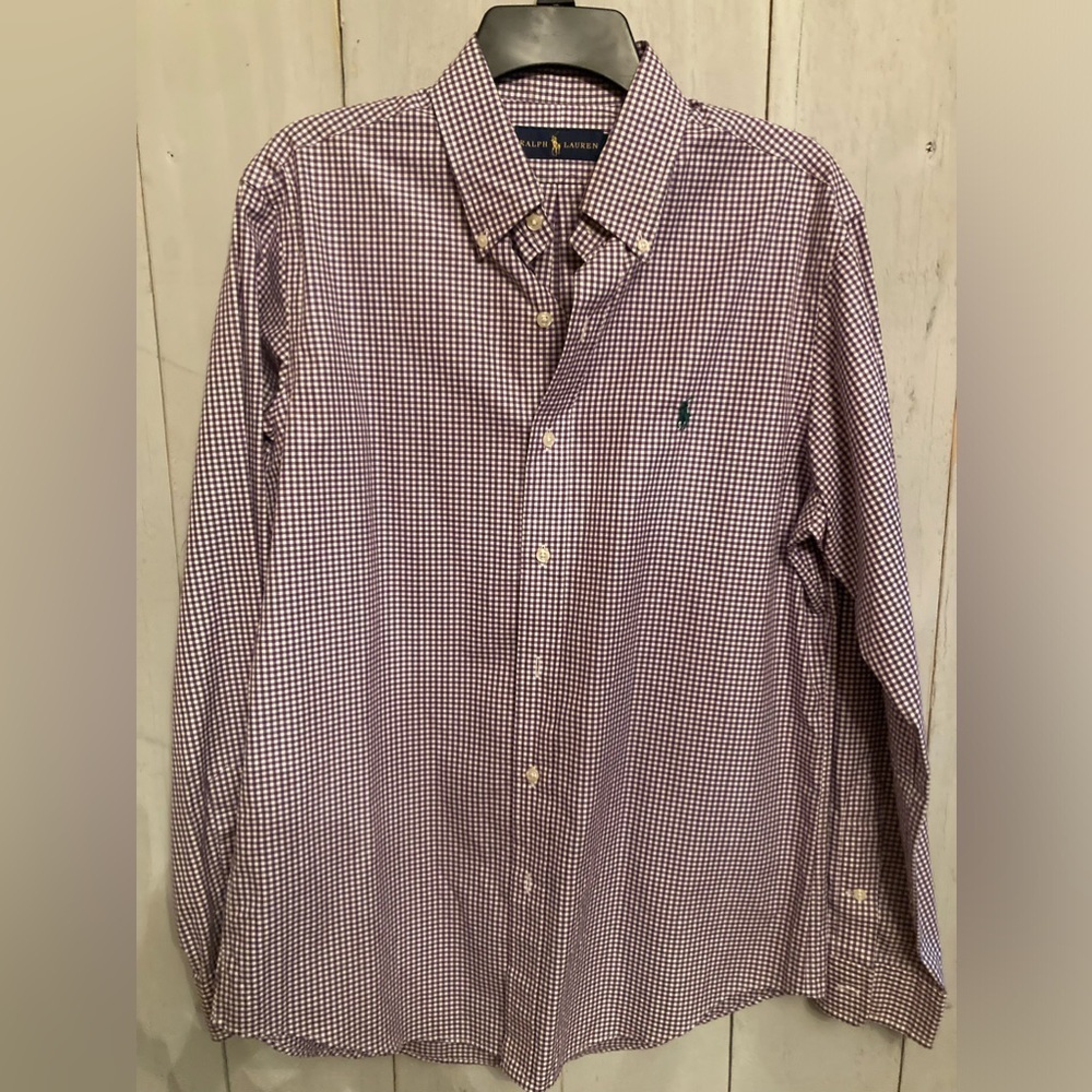 Polo Ralph Lauren Shirt‎ Mens Medium Purple Gingham Check Green Pony Logo!